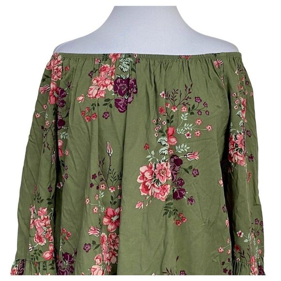Terra & Sky Ruffled Off Shoulder Floral Peplum Peasant Top 1X Olive Rayon NEW - Picture 2 of 6